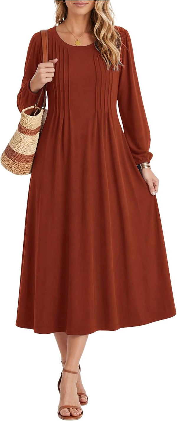 Zeagoo Fall Dresses for Women Long Sleeve Midi Dress Casual A Line Dresses 2026 Pleated Flare Dress with Pockets