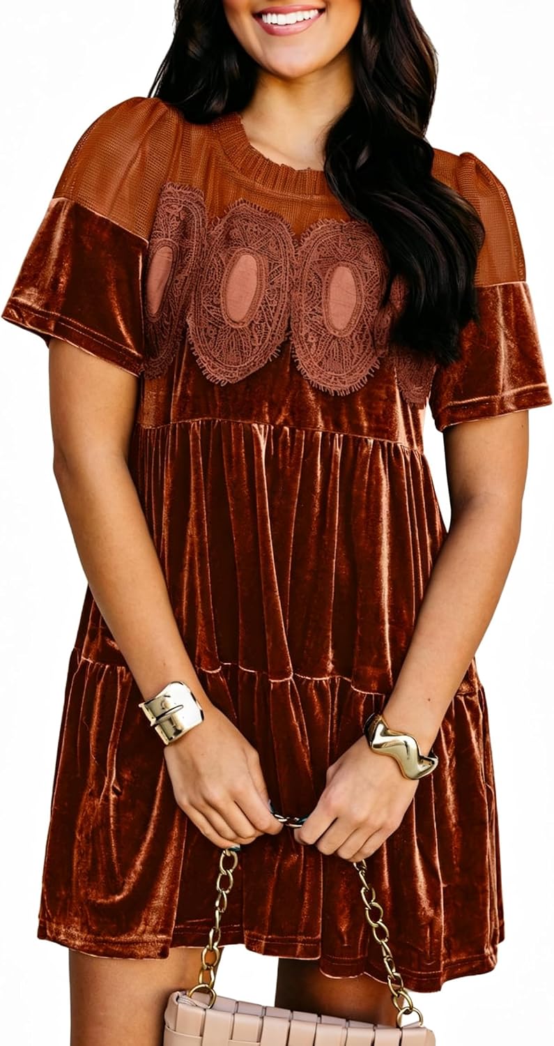 miduo Womens Scallop Neck Short Sleeve Velvet Lace Mini Babydoll Dress