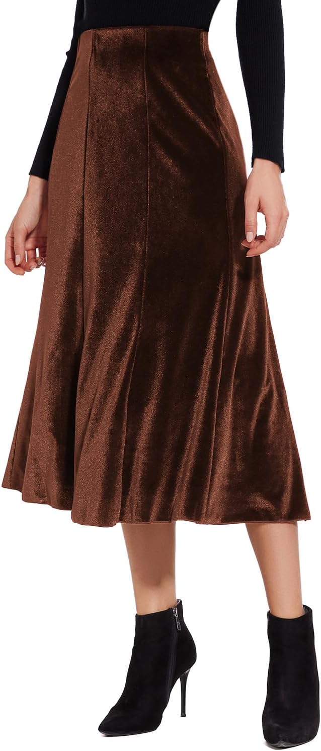 Women’s Elegant Vintage Velvet Midi Skirt Flowy 8-Panel Design