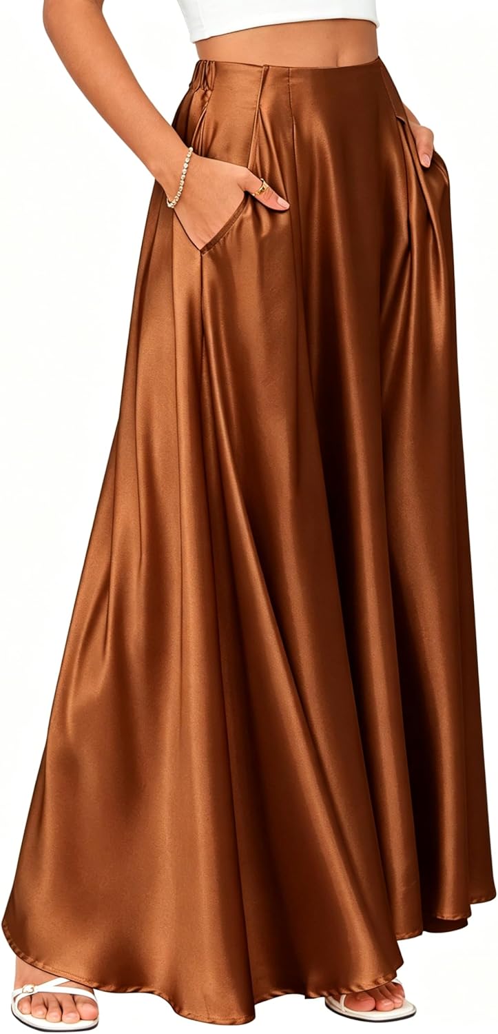 Maxi Satin Skirts for Womens High Waisted Flowy Long A line Skirt Trendy for Office Holiday Party