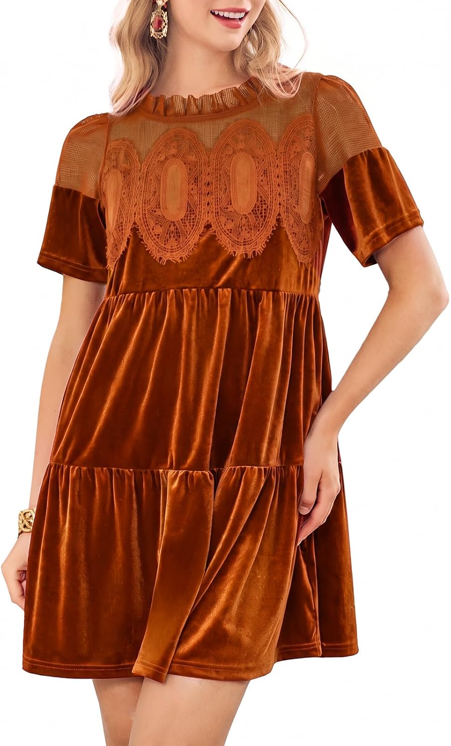 Wenrine Womens Velvet Dress Fall Lace Short Sleeve Babydoll Mini Dresses