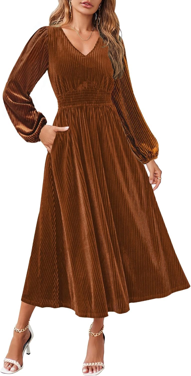 ZESICA Women's Velvet Wedding Guest Cocktail Long Sleeve Winter Dress