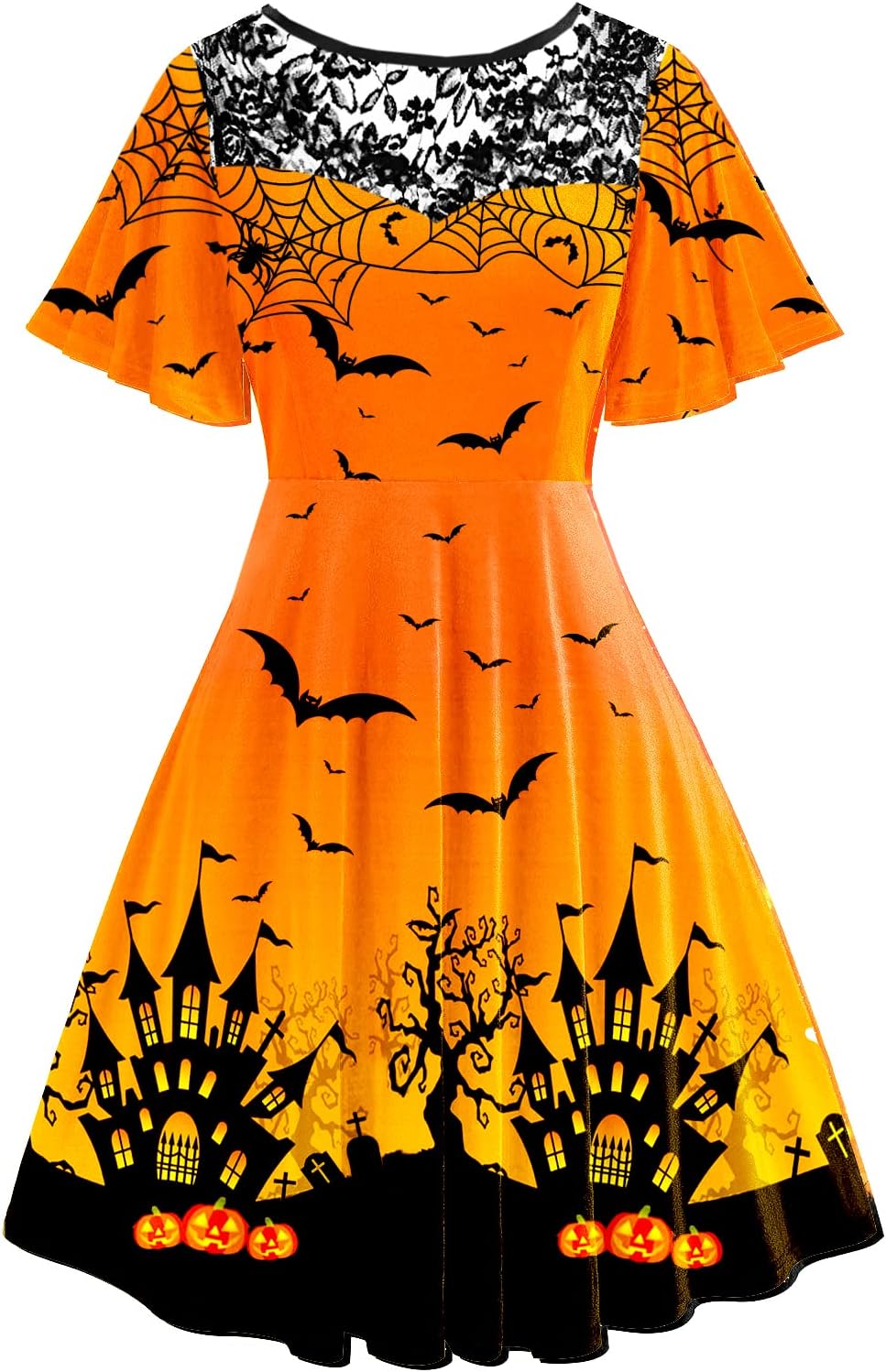 Women Halloween Dress Lace Flutter Sleeve A-Line Party Dresses