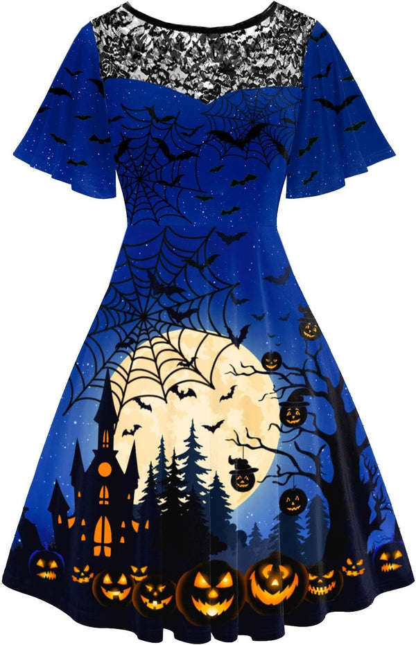 Women Halloween Dress Lace Flutter Sleeve A-Line Party Dresses