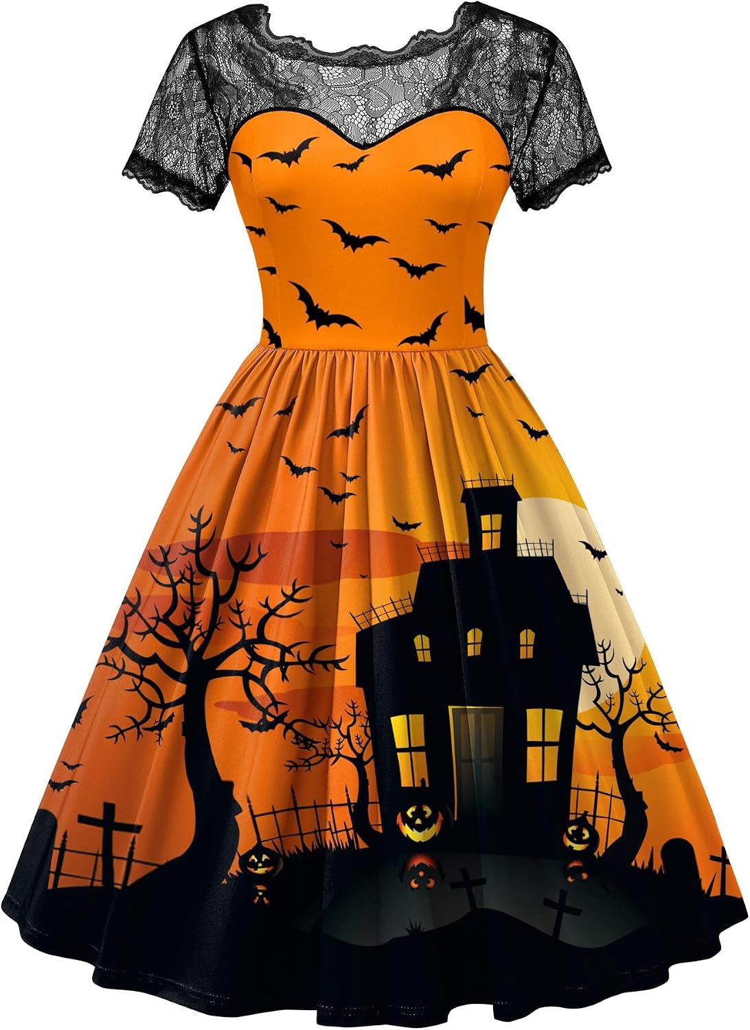 Women Halloween Party Costume Vintage Swing Lace Short Sleeve Witch Dress