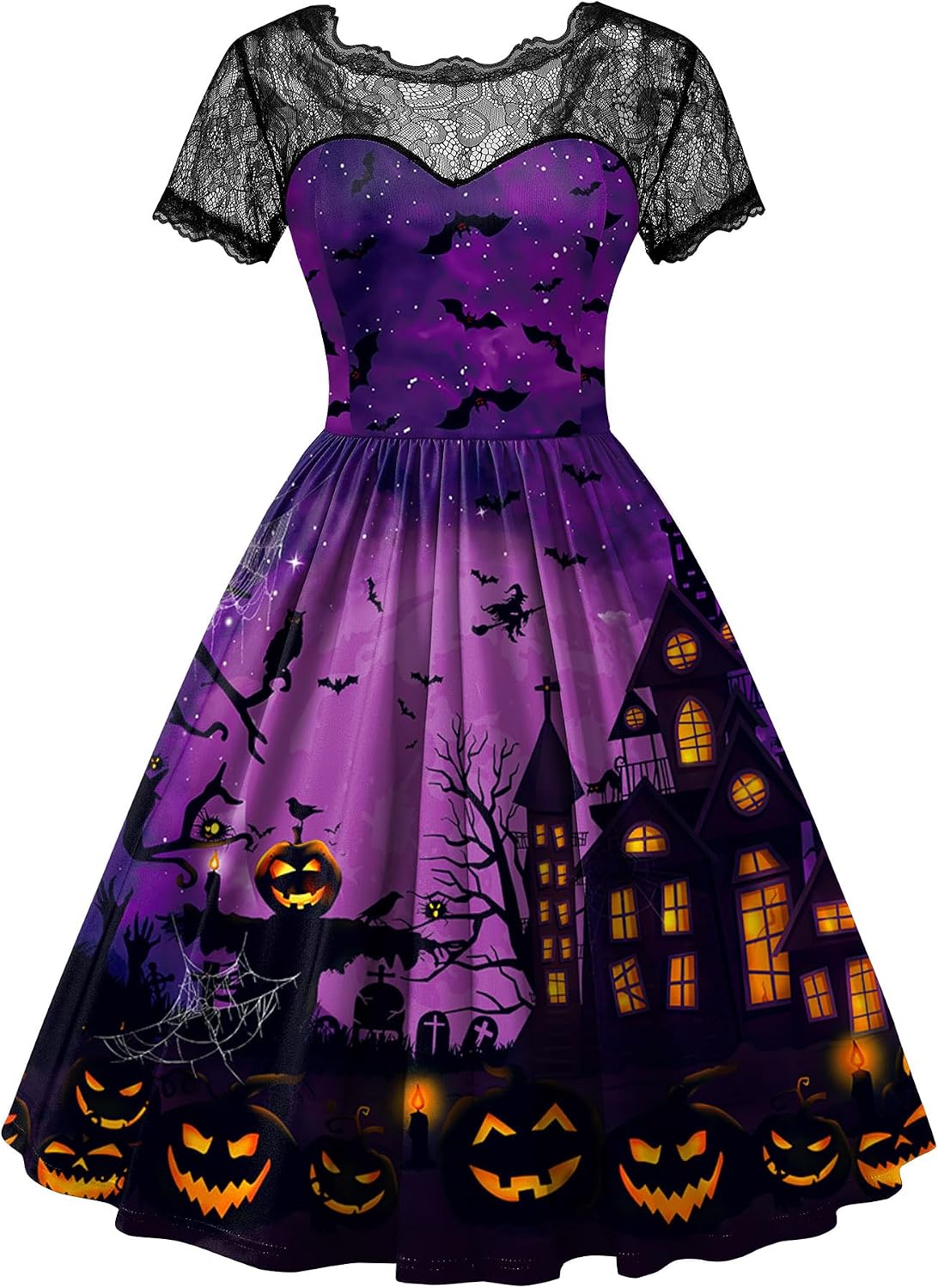 Women Halloween Party Costume Vintage Swing Lace Short Sleeve Witch Dress Main image