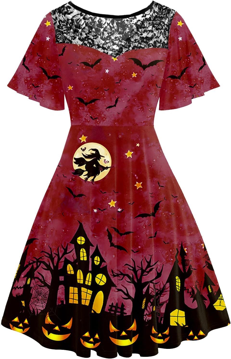 Women Halloween Dress Lace Flutter Sleeve A-Line Party Dresses
