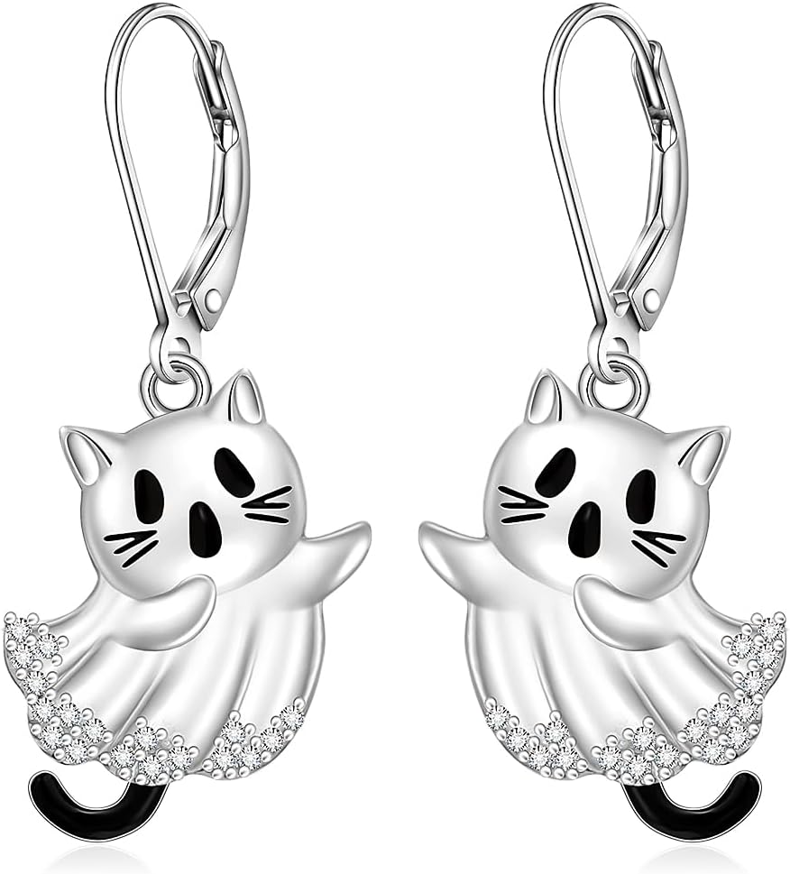 Halloween Earrings S925 Sterling Silver Ghost Bat Spider Cat Jewelry Gift