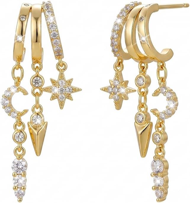 Gold Silver Small Hoop Dangle Earrings for Women, Trendy Dainty Rhinestone CZ Dangling Prom Wedding Leaf Flower Snowflake Butterfly Starfish Fashion Jewelry Gift