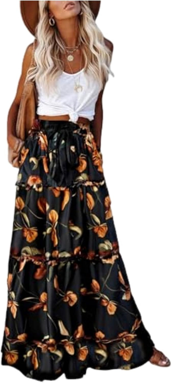 EARKOHA Womens Boho Maxi Skirt 2026 Summer Cruise Casual High Waist Tie Flowy Long Skirt with Pockets For Beach Vacation