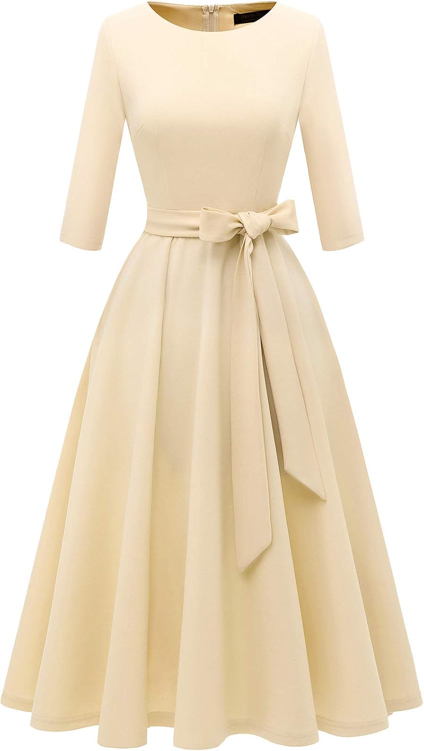 DRESSTELLS Cocktail Dresses for Women, Vintage Wedding Guest 3/4 Sleeves Formal Church Tea Dress