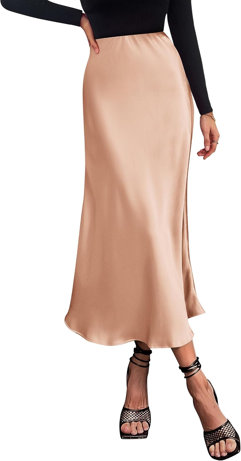 PRETTYGARDEN Women's Satin Midi Skirts Dressy Casual