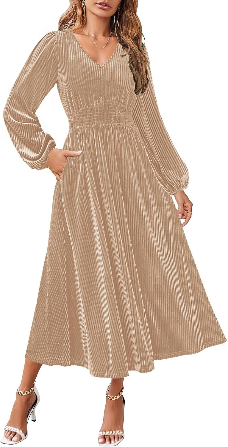 ZESICA Women's Velvet Wedding Guest Cocktail Long Sleeve Winter Dress
