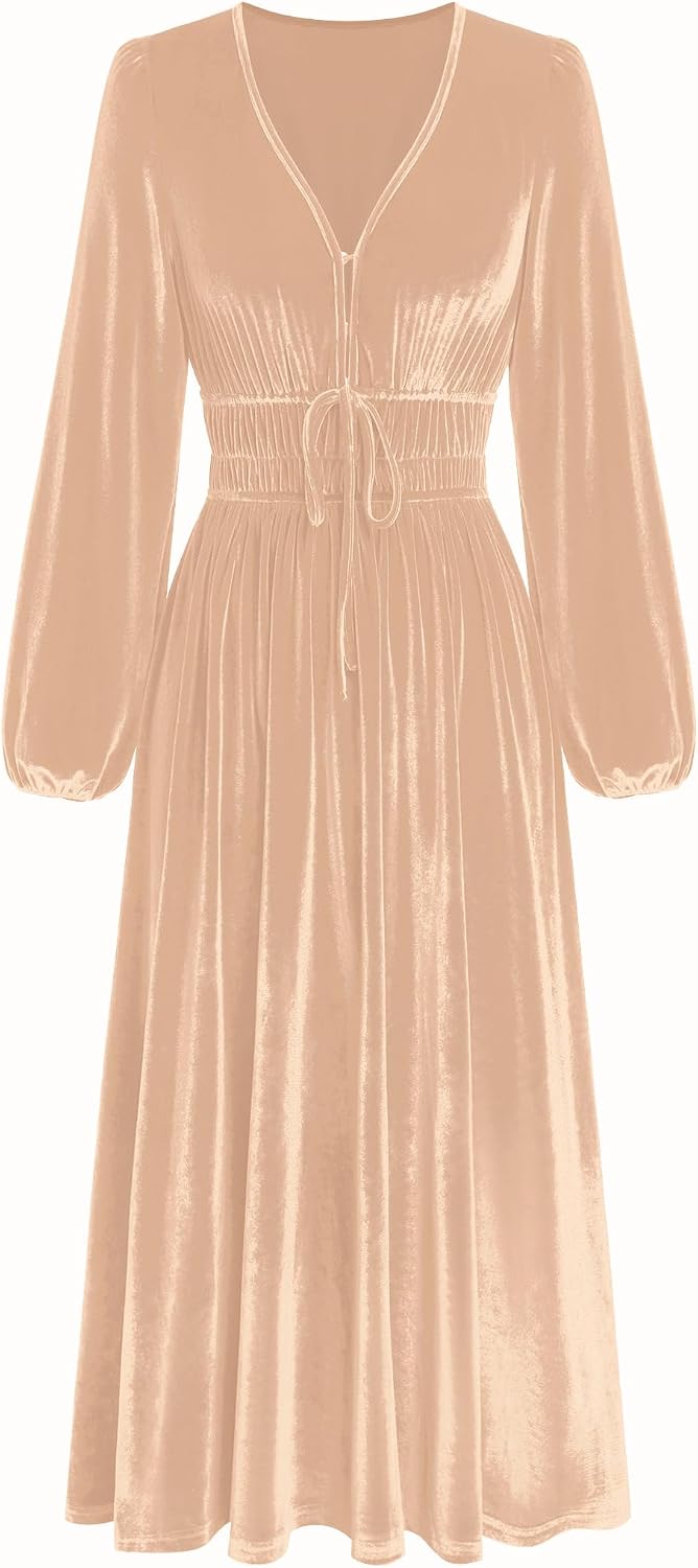 ZAFUL Women's V Neck Velvet Midi Dress Long Sleeve Formal Cocktail Dress