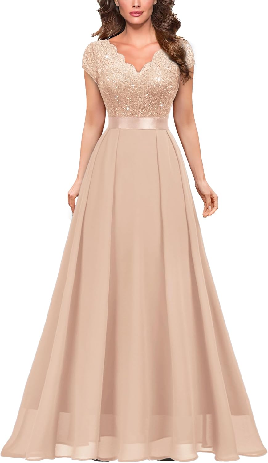 Miusol Women's V-Neck Sequined Floral Lace Formal Evening Maxi Dress