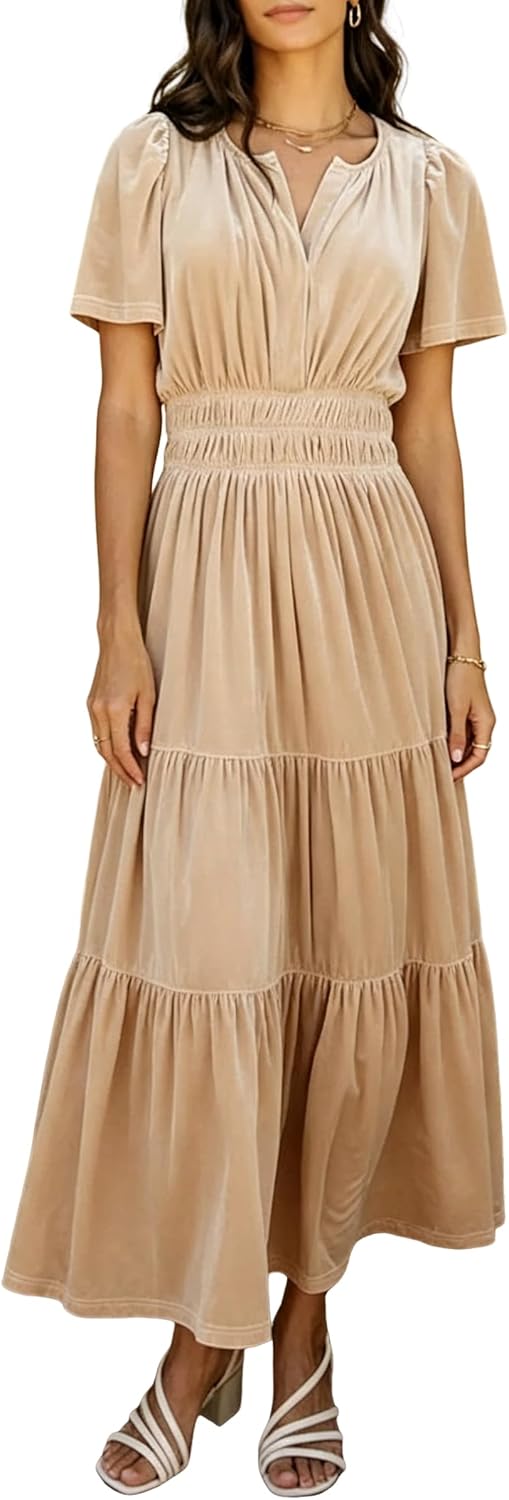 R.Vivimos Womens Fall Winter Velvet Elastic Waist Maxi Dress