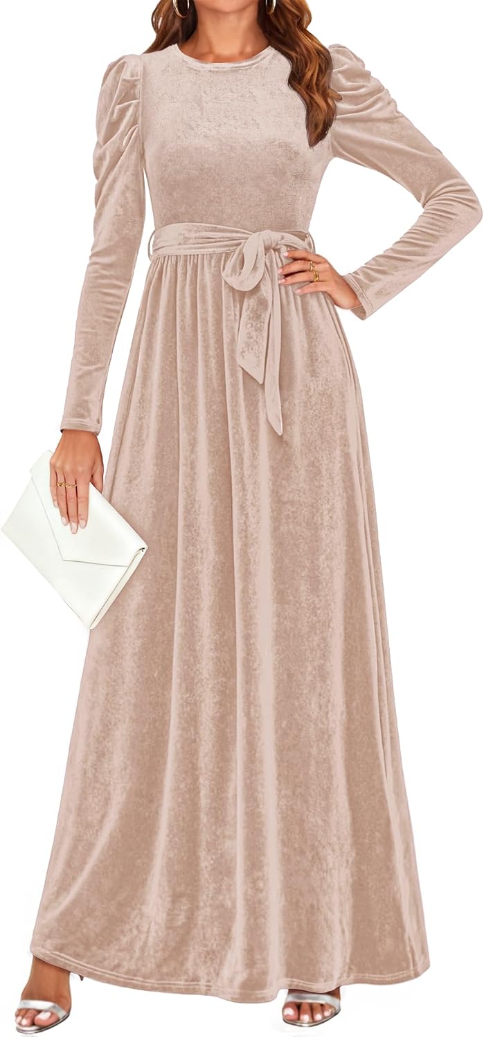 ZESICA Womens Winter Velvet Long Puff Sleeve Maxi Dress