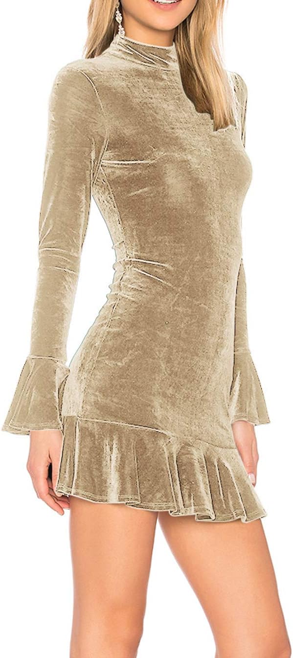 R.Vivimos Women's Winter Long Sleeve Velvet Ruffles Bodycon Mini Dress