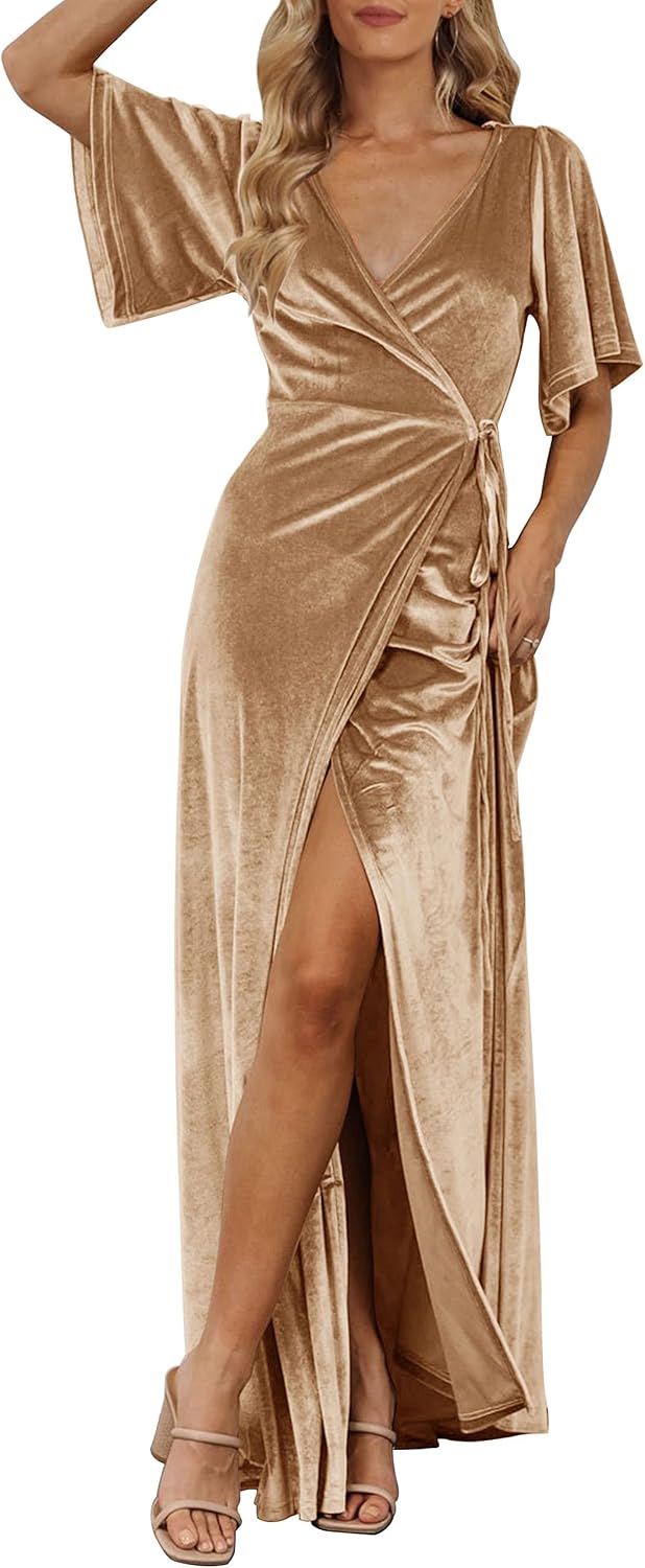 MEROKEETY Women's Wrap V Neck Wedding Guest Cocktail Velvet Maxi Dress