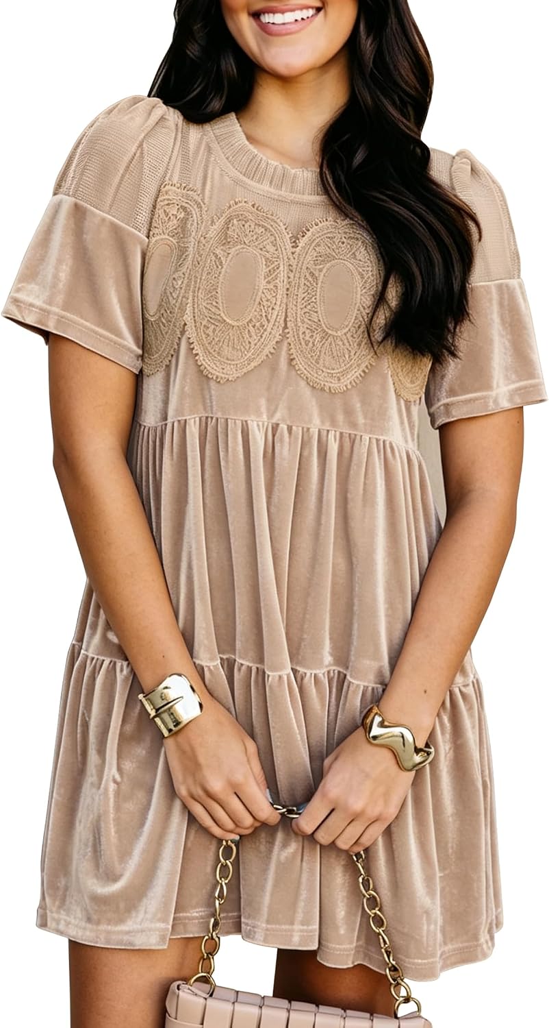 miduo Womens Scallop Neck Short Sleeve Velvet Lace Mini Babydoll Dress