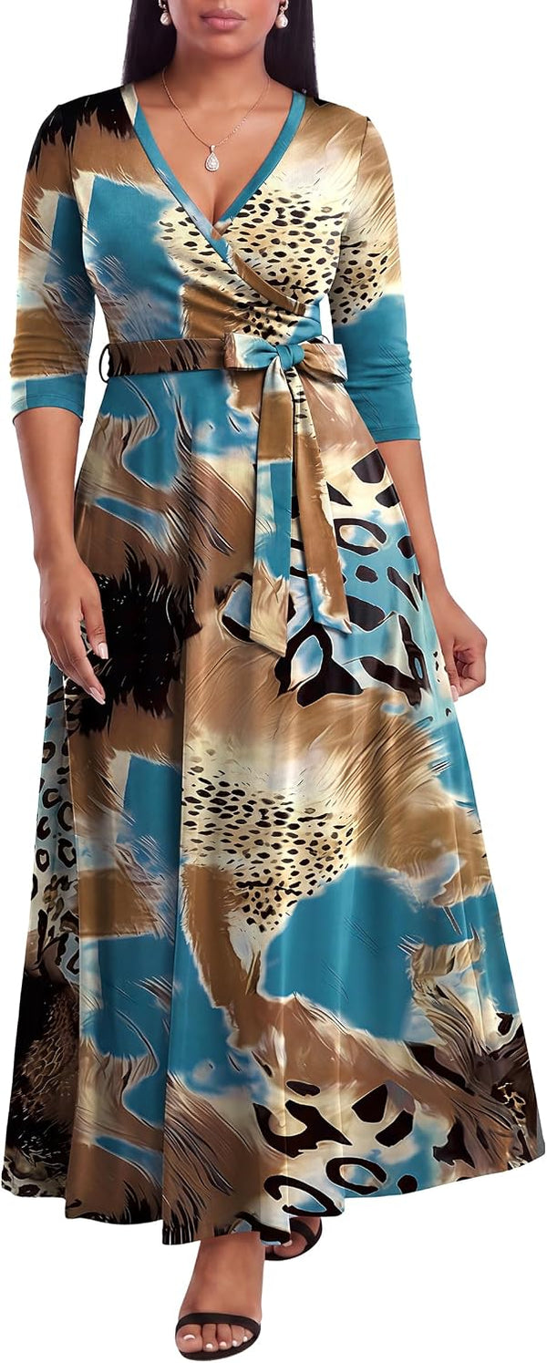 FANDEE Plus Size Maxi Dress for Women Casual Summer Sundress V-Neck 3/4 Sleeve