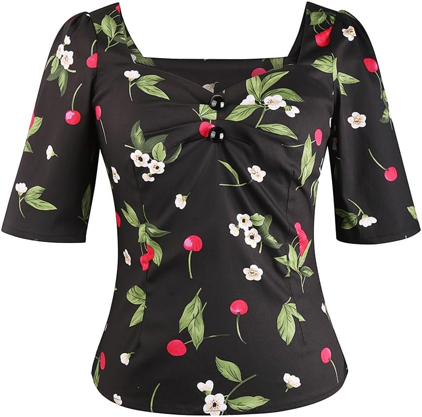 YARN & INK Women's 1950s Pinup Tops, Rockabilly Vintage Blouse Medium Sleeves Sweetheart V-Neck Shirt