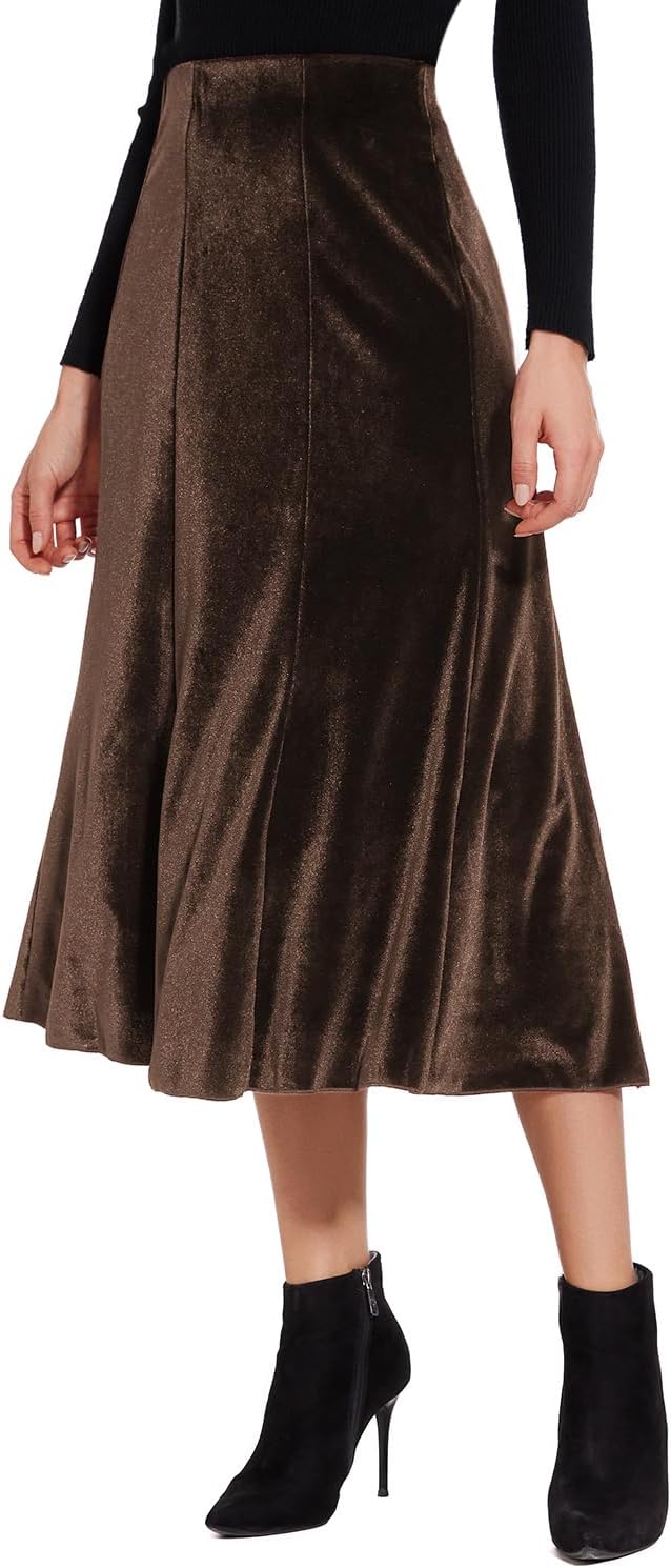 Women’s Elegant Vintage Velvet Midi Skirt Flowy 8-Panel Design