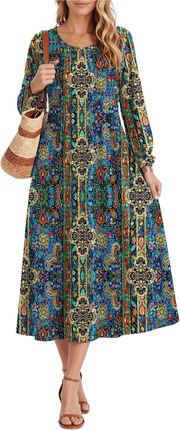 Zeagoo Fall Dresses for Women Long Sleeve Midi Dress Casual A Line Dresses 2026 Pleated Flare Dress with Pockets