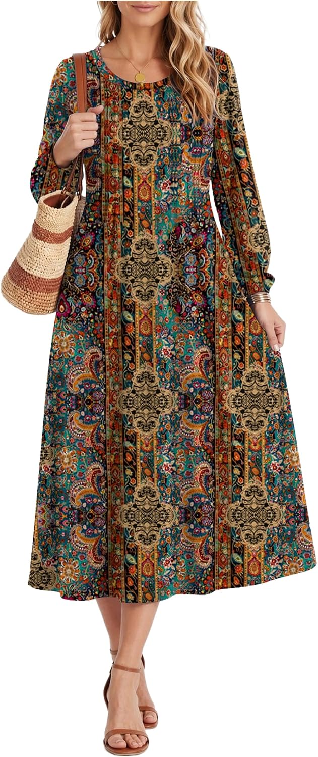 Zeagoo Fall Dresses for Women Long Sleeve Midi Dress Casual A Line Dresses 2026 Pleated Flare Dress with Pockets