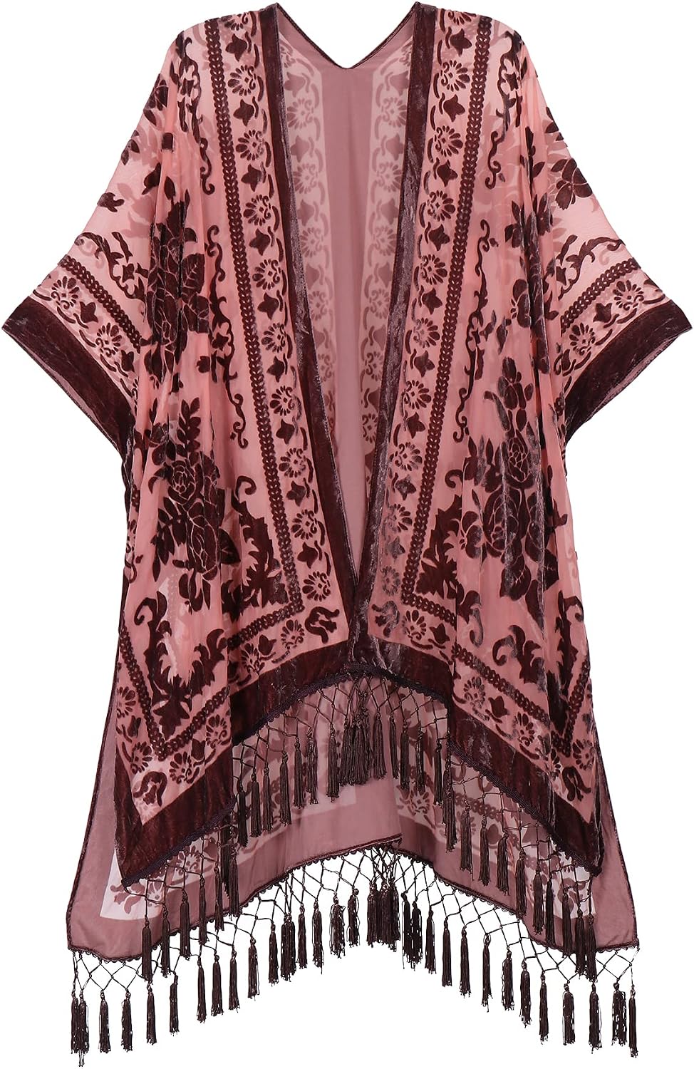 Women's Burnout Velvet Kimono Long Cardigan Cover Up With Tassel
