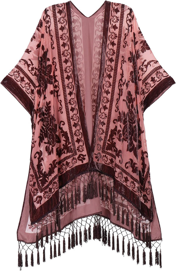 Women's Burnout Velvet Kimono Long Cardigan Cover Up With Tassel