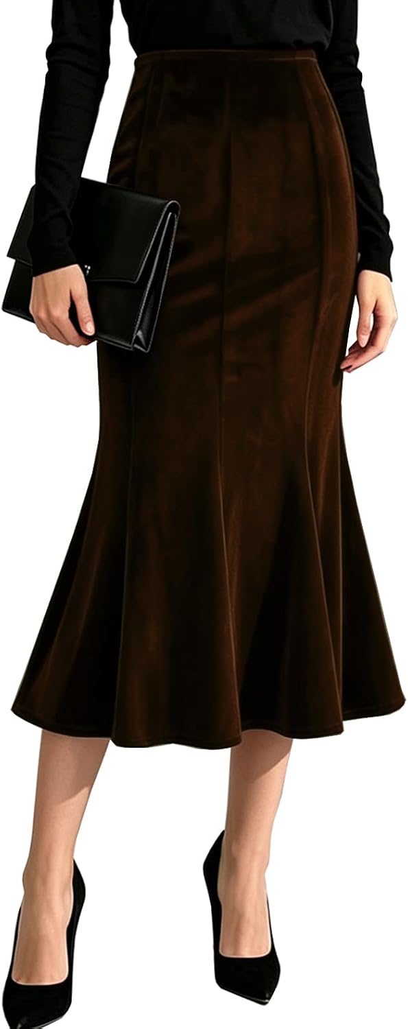 TONCHENGSD Women's Fall Winter Velvet Midi Skirt High Wasit Bodycon Fishtail Skirts