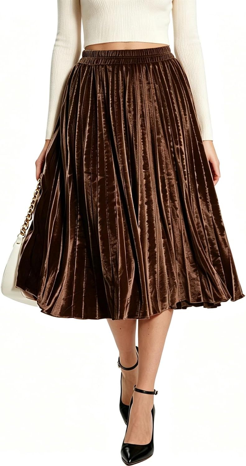 TONCHENGSD Women's Fall Winter Velvet Midi Skirt High Elastic Waist Pleated Skirt