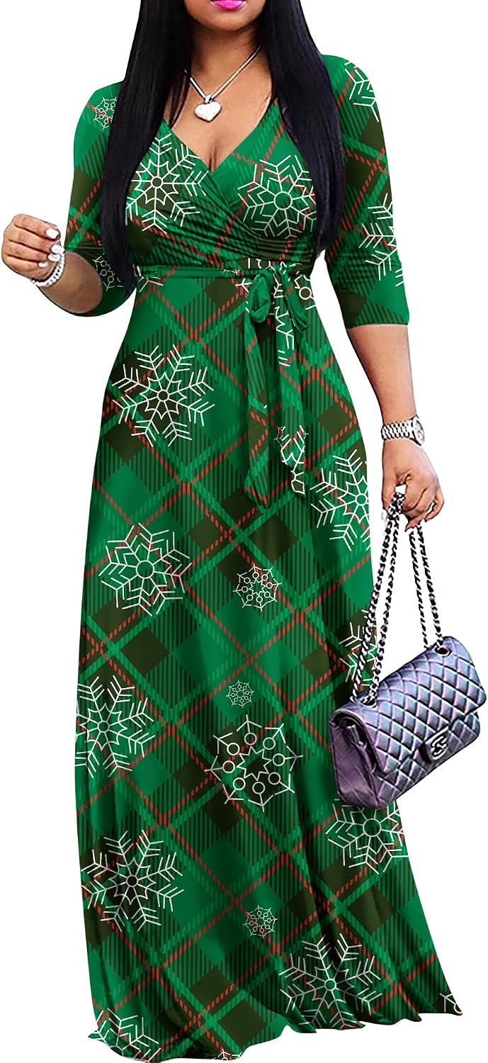 FANDEE Plus Size Maxi Dress for Women Casual Summer Sundress V-Neck 3/4 Sleeve