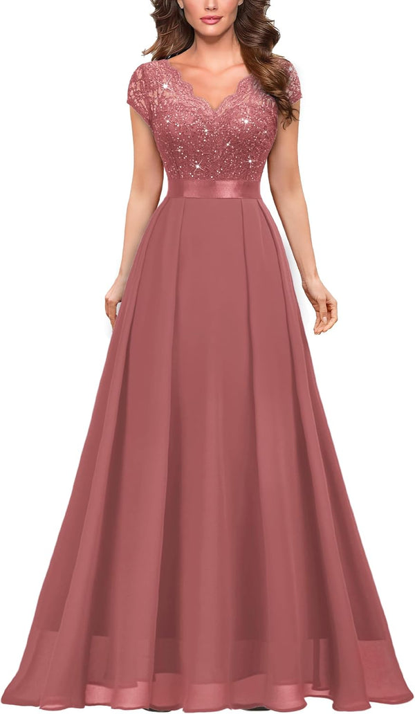 Miusol Women's V-Neck Sequined Floral Lace Formal Evening Maxi Dress
