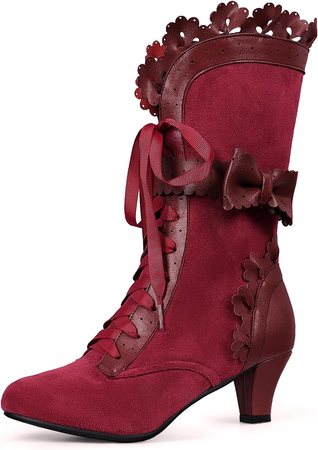 LanreyTaley Women Sweet Bow Boots Mid Heels Lace Up Victorian boots Mid Calf Kawaii Boot