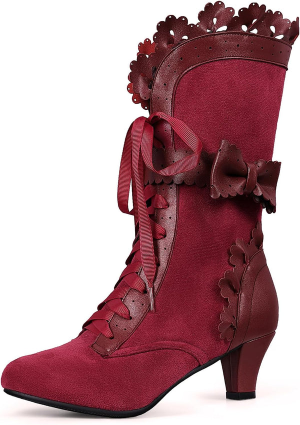 LanreyTaley Women Sweet Bow Boots Mid Heels Lace Up Victorian boots Mid Calf Kawaii Boot