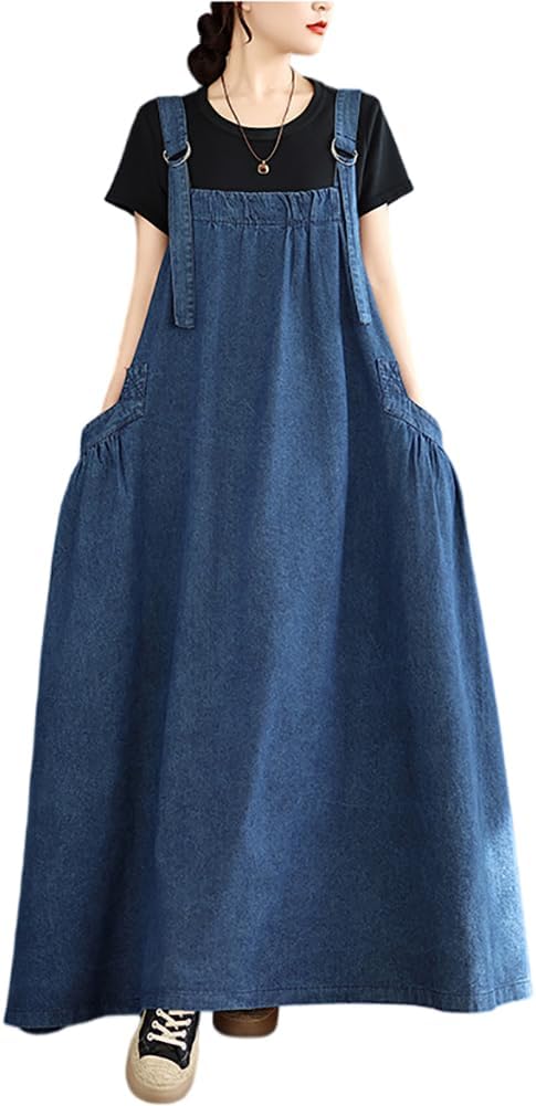 Boho Jumper Dress for Women Loose Overall Pinafore Dresses Adjustable Straps Wide Hemline with Pockets Baggy Style