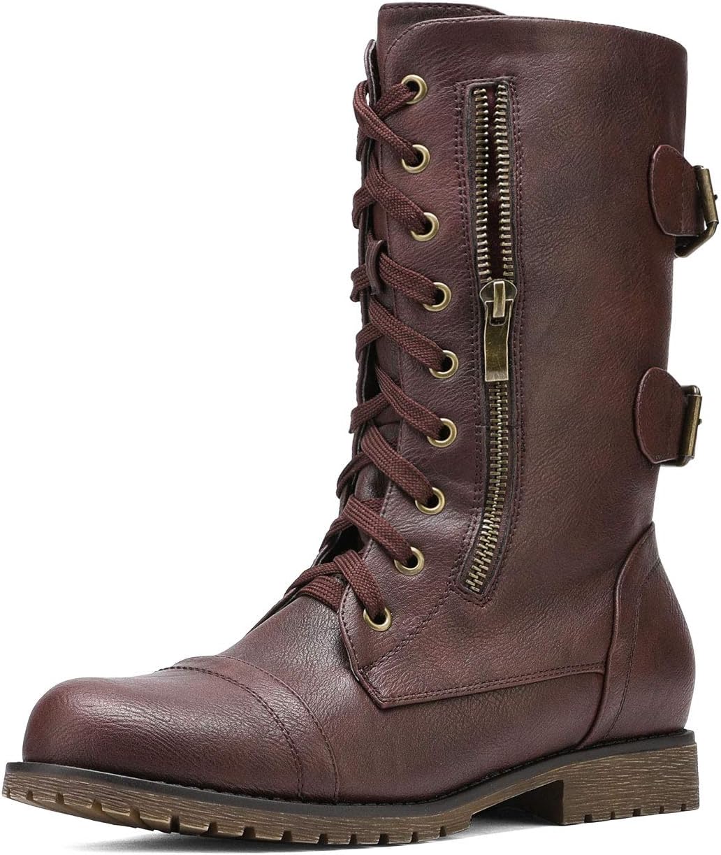 DREAM PAIRS Women's Mid Calf Built-in Wallet Pocket Lace up Military Combat Boots