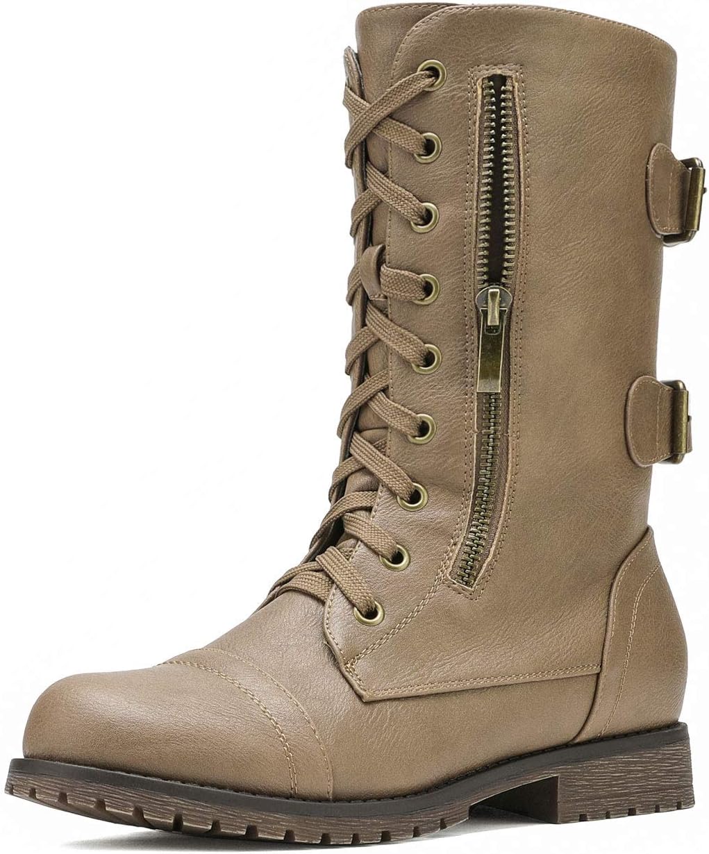 DREAM PAIRS Women's Mid Calf Built-in Wallet Pocket Lace up Military Combat Boots