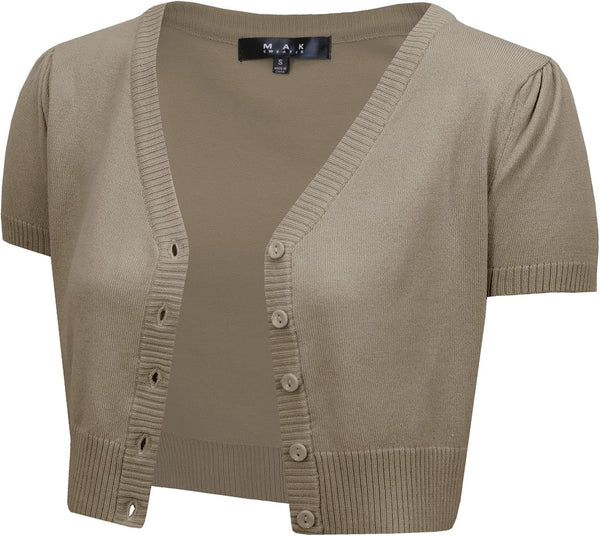 YEMAK Women's Cropped Bolero Cardigan – Short Sleeve V-Neck Basic Classic Casual Button Down Knit Soft Sweater Knitted Top