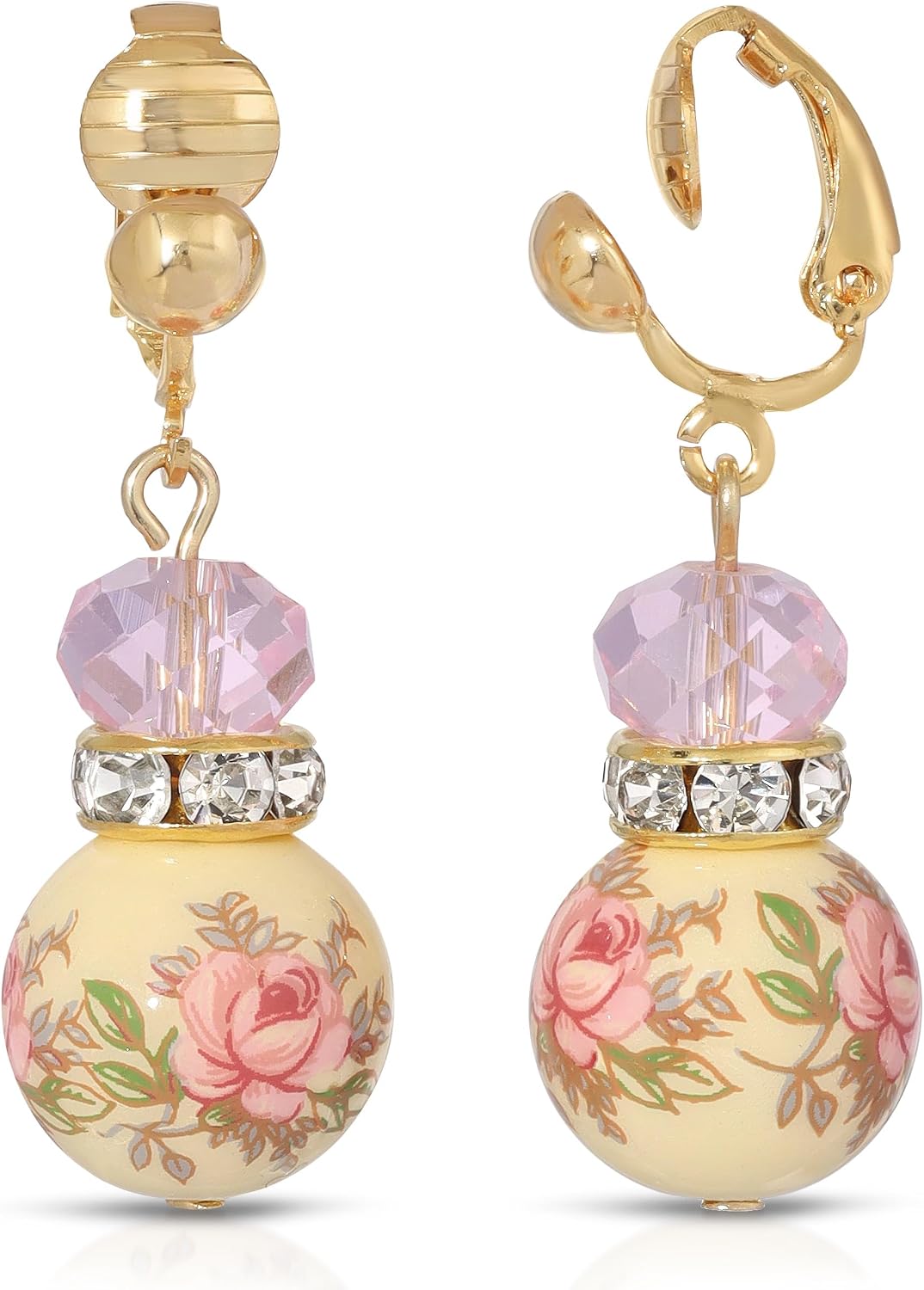 1928 Jewelry Pink Floral Decal Beaded Drop Earrings