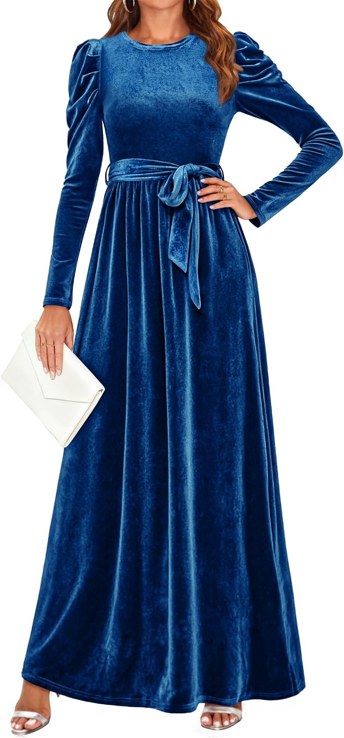 ZESICA Womens Winter Velvet Long Puff Sleeve Maxi Dress