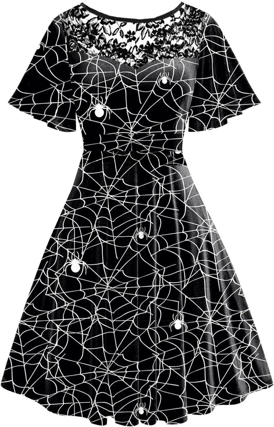 Women Halloween Dress Lace Flutter Sleeve A-Line Party Dresses
