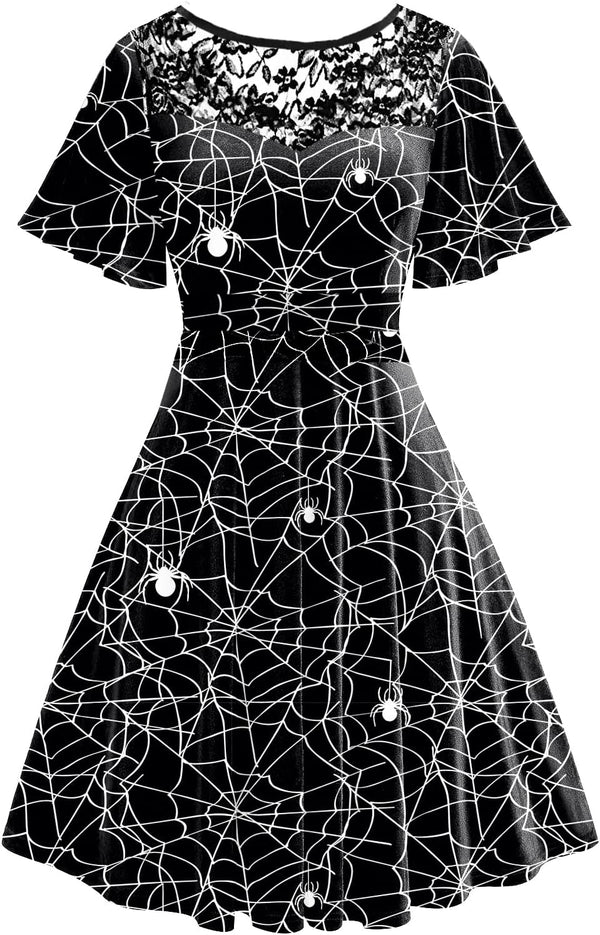 Women Halloween Dress Lace Flutter Sleeve A-Line Party Dresses