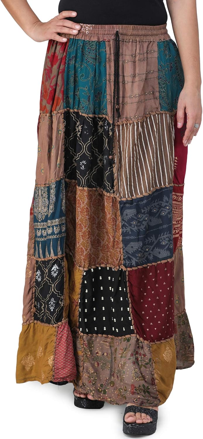Exotic India Long Printed Dori Skirt from Gujarat with Patch Work - Rayon