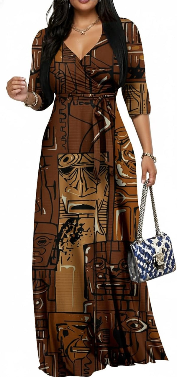 CaniBtr Maxi Dresses for Women Plus Size 3/4 Sleeve Long Dress with Belt