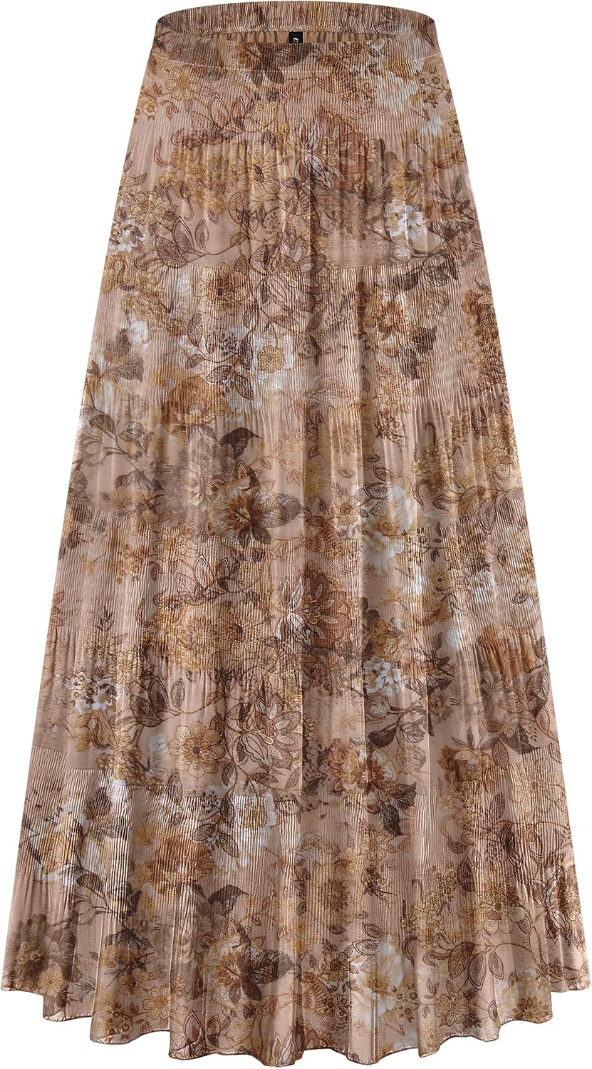 CYiNu Women's Chiffon Elastic High Waist Tiered Pleated Floral Printed A-Line Boho Long Maxi Skirts