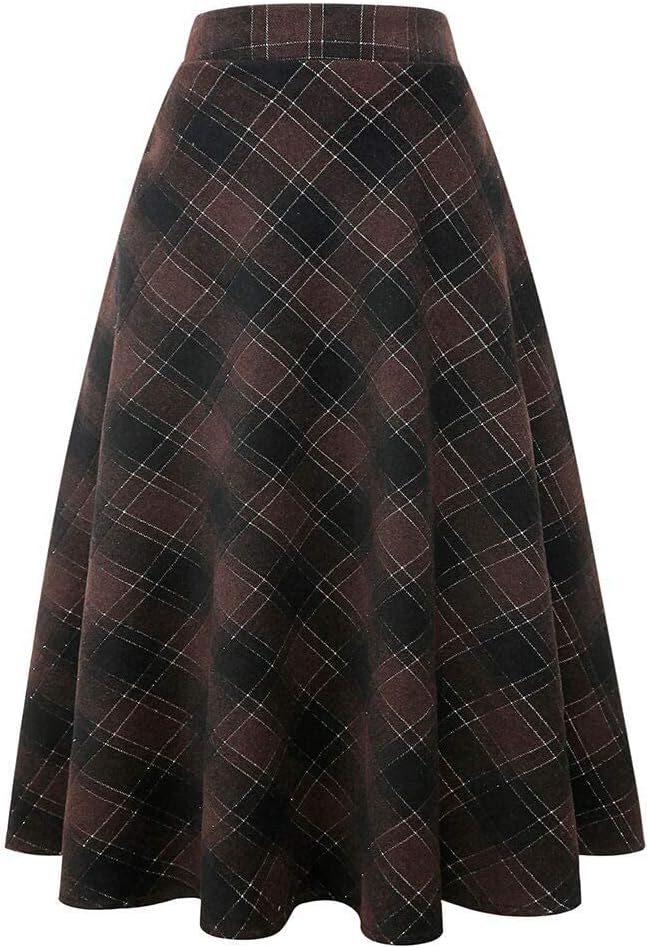 Long Plaid Wool Skirt for Womens Winter Fall Warm High Elastic Waist A line Flared Pleated Wool Tartan Skirts