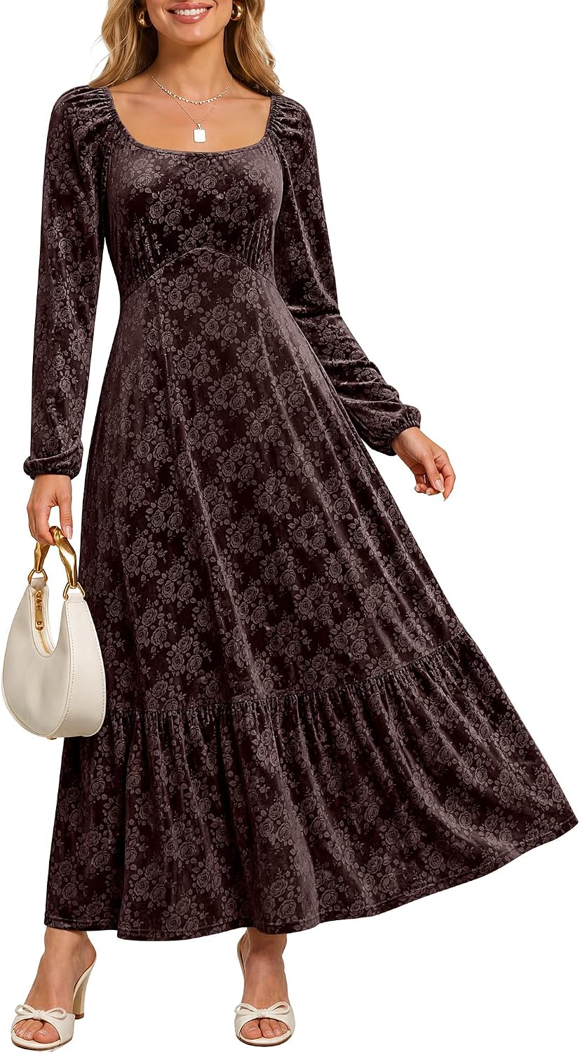 Caracilia Womens Long Sleeve Velvet Formal Fall Maxi Dress